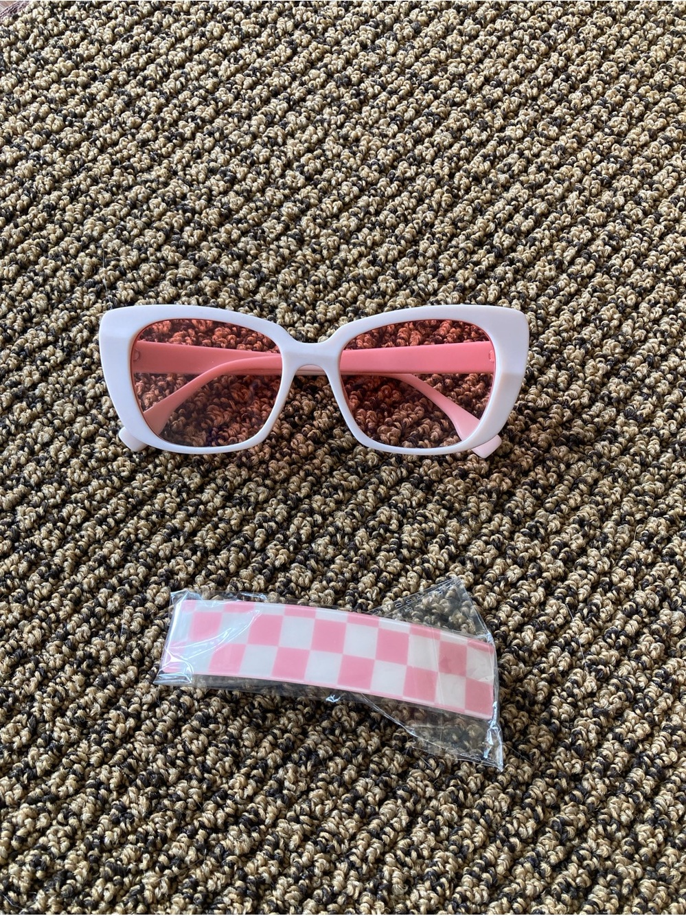 Pink Cateye Sunglasses with Pink Lenses and matching checkered hair clip